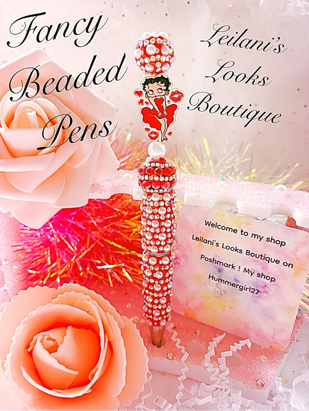 Fancy beaded pen/gifts/ Betty Boop beaded pen with red & white beads and Betty